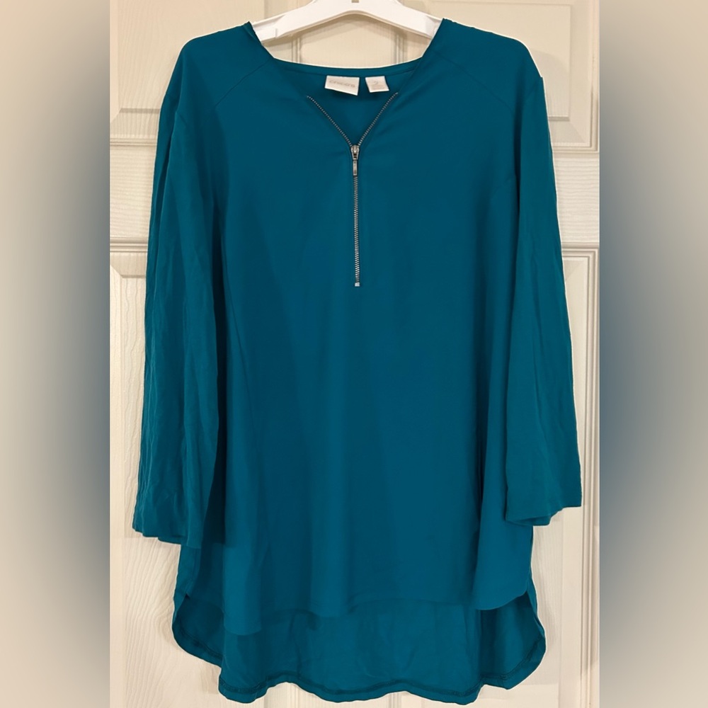 Chico's zip front 3/4 sleeve mixed media blouse TEAL GREEN Size 2